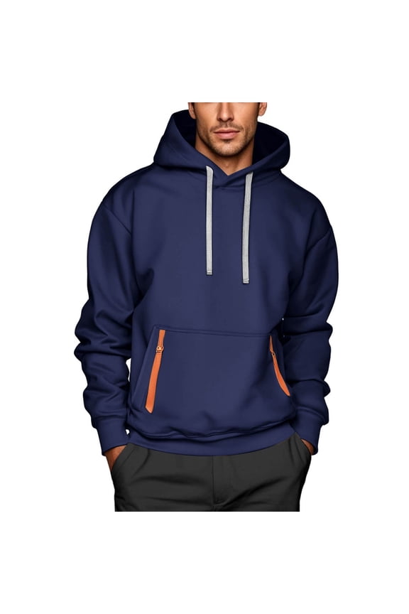 Hoodies for Men Solid Color Pullover Top Long Sleeve Drawstring Hood with Pockets Sweatshirt, Navy, M