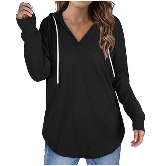 lulshou Hoodies for Women V-Neck Hooded Long Sleeve Fitness Sweatshirt Comfortable Wear with Drawstring, Black, L