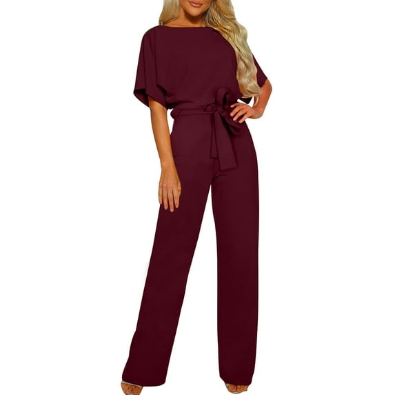 lulshou Jumpsuits for Women, Women'S Fall/Winter Solid Color Short Sleeved Crew Round Neck Jumpsuit with Belt Jumpsuit Women's Jumpsuits, Rompers & Overalls, Wine XL