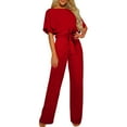 thumbnail image 1 of lulshou Jumpsuits for Women, Women'S Fall/Winter Solid Color Short Sleeved Crew Round Neck Jumpsuit with Belt Jumpsuit Women's Jumpsuits, Rompers & Overalls, Red L, 1 of 7