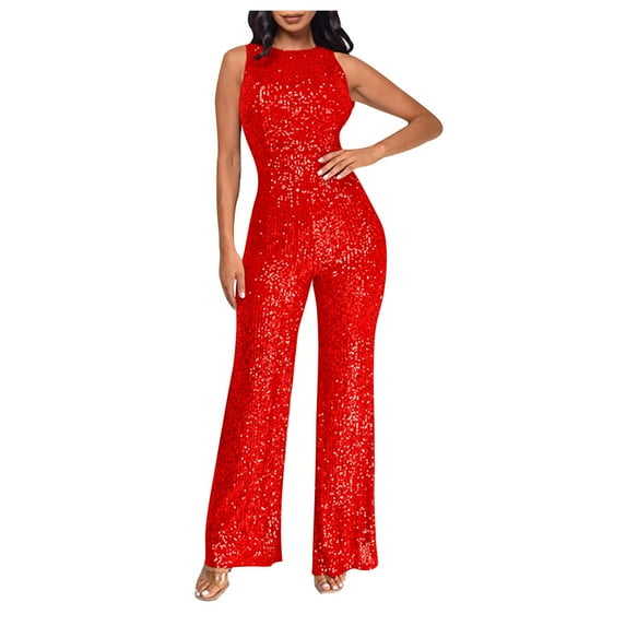 lulshou Jumpsuits for Women, Women'S Solid Color High-Waisted Sleeveless Round Neck Off-The-Shoulder Sequin Slim Long Sequin Romper Women's Jumpsuits, Rompers & Overalls, Red XL