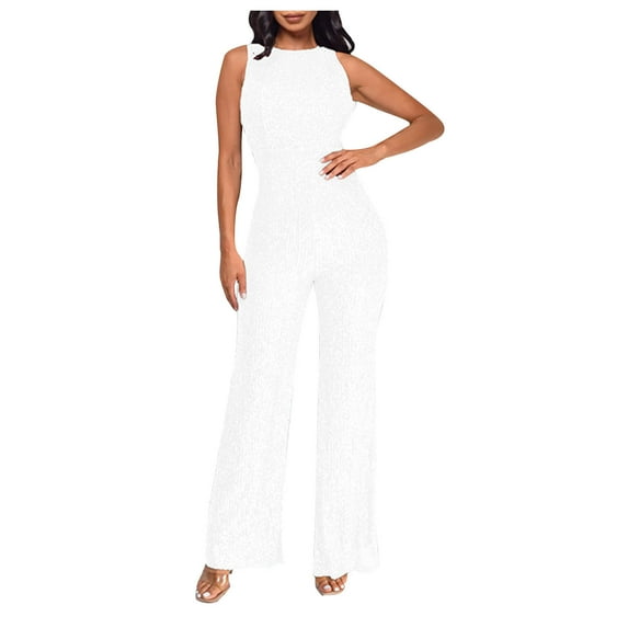 lulshou Jumpsuits for Women, Women'S Solid Color High-Waisted Sleeveless Round Neck Off-The-Shoulder Sequin Slim Long Sequin Romper Women's Jumpsuits, Rompers & Overalls, White M