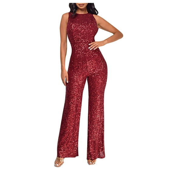 lulshou Jumpsuits for Women, Women'S Solid Color High-Waisted Sleeveless Round Neck Off-The-Shoulder Sequin Slim Long Sequin Romper Women's Jumpsuits, Rompers & Overalls, Wine XL