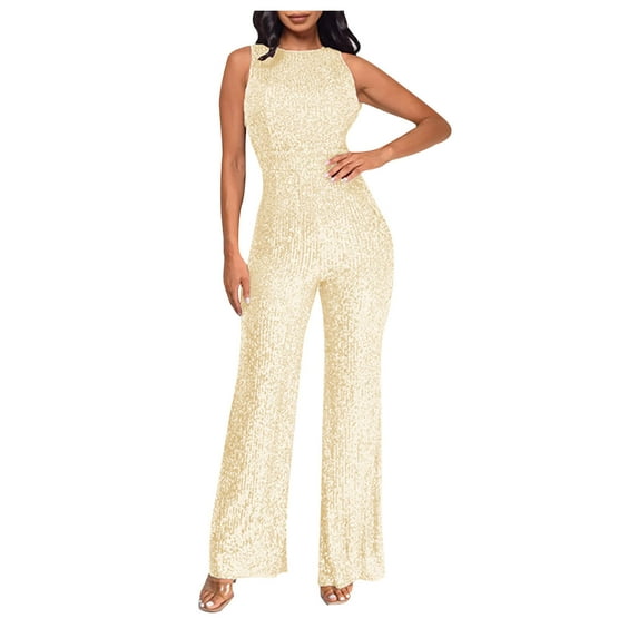 lulshou Jumpsuits for Women, Women'S Solid Color High-Waisted Sleeveless Round Neck Off-The-Shoulder Sequin Slim Long Sequin Romper Women's Jumpsuits, Rompers & Overalls, Beige XXXL
