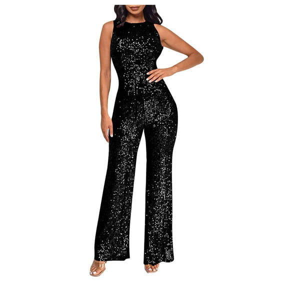 lulshou Jumpsuits for Women, Women'S Solid Color High-Waisted Sleeveless Round Neck Off-The-Shoulder Sequin Slim Long Sequin Romper Women's Jumpsuits, Rompers & Overalls, S