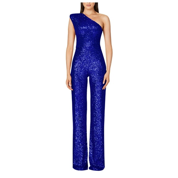 lulshou Jumpsuits for Women, Women'S Solid Color High-Waisted Strapless One-Shoulder Off-The-Shoulder Sequin Casual Long Jumpsuit Women's Jumpsuits, Rompers & Overalls, Blue S