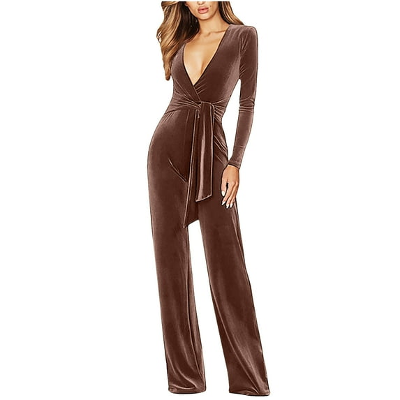 lulshou Jumpsuits for Women, Women Sexy Strapless Color Block Botton Off The Shoulder Long Sleeve Jumpsuit Wide Leg Pants Rompers Women's Jumpsuits, Rompers & Overalls, Coffee L
