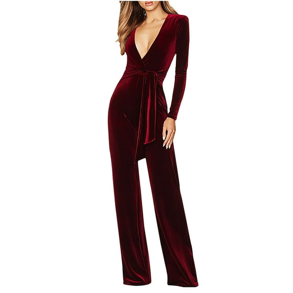 lulshou Jumpsuits for Women, Women Sexy Strapless Color Block Botton Off The Shoulder Long Sleeve Jumpsuit Wide Leg Pants Rompers Women's Jumpsuits, Rompers & Overalls, Red S