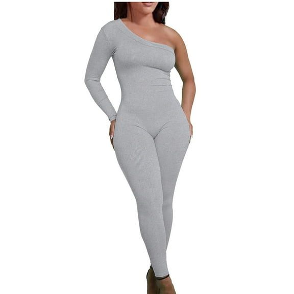 lulshou Jumpsuits for Women, Women Solid Color Casual Jumpsuit Long Sleeved Tight Fitting Shoulder Jumpsuit Women's Jumpsuits, Rompers & Overalls, Gray S