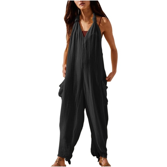 lulshou Jumpsuits for Women, Women's Casual Loose Pocket Strap Cotton and Linen Jumpsuit Fashion Playsuit Trousers Overalls Sling Jumpsuit Women's Jumpsuits, Rompers & Overalls, XXL