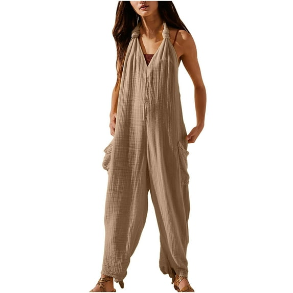 lulshou Jumpsuits for Women, Women's Casual Loose Pocket Strap Cotton and Linen Jumpsuit Fashion Playsuit Trousers Overalls Sling Jumpsuit Women's Jumpsuits, Rompers & Overalls, Khaki XXL