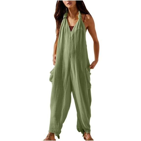 lulshou Jumpsuits for Women, Women's Casual Loose Pocket Strap Cotton and Linen Jumpsuit Fashion Playsuit Trousers Overalls Sling Jumpsuit Women's Jumpsuits, Rompers & Overalls, Green XXL