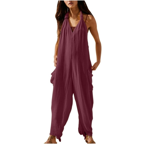 lulshou Jumpsuits for Women, Women's Casual Loose Pocket Strap Cotton and Linen Jumpsuit Fashion Playsuit Trousers Overalls Sling Jumpsuit Women's Jumpsuits, Rompers & Overalls, Wine XXL
