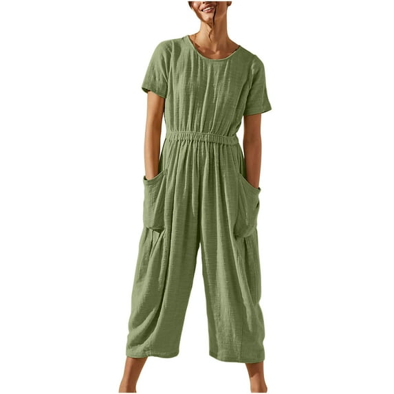 lulshou Jumpsuits for Women, Women's Casual Loose Pocket Strap Cotton and Linen Jumpsuit Short Sleeve Sling Jumpsuitit Women's Jumpsuits, Rompers & Overalls, Green S