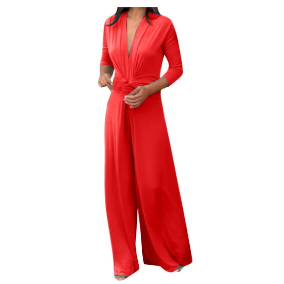 lulshou Jumpsuits for Women, Women's Solid Color Fashionable Casual Twisted Wide Leg Temperament Commuting Sexy Jumpsuit Women's Jumpsuits, Rompers & Overalls, Red S