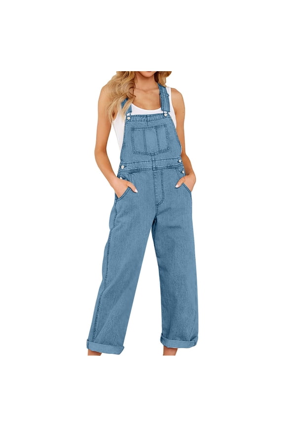 Jumpsuits for Women, Women's Summer Casual Pocket Romper Long Playsuit Strap Button Jumpsuit Women's Jumpsuits, Rompers & Overalls, Light Blue XL