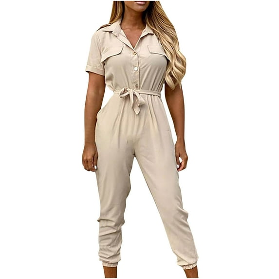 lulshou Jumpsuits for Women, Women Fashion Solid Color Casual Lapel Belt Short Sleeve Overalls Women's Jumpsuits, Rompers & Overalls, Beige XL