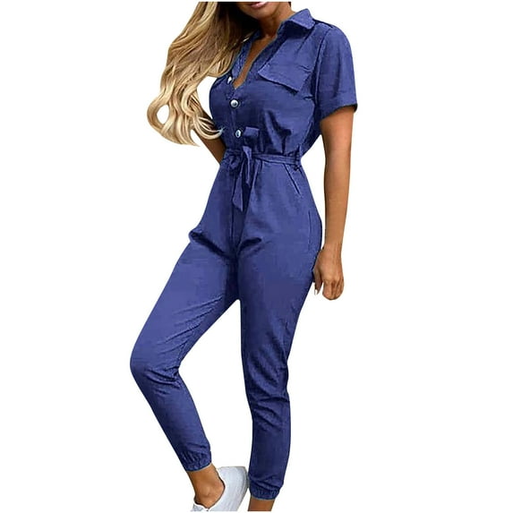 lulshou Jumpsuits for Women, Women Fashion Solid Color Casual Lapel Belt Short Sleeve Overalls Women's Jumpsuits, Rompers & Overalls, Dark Blue XL