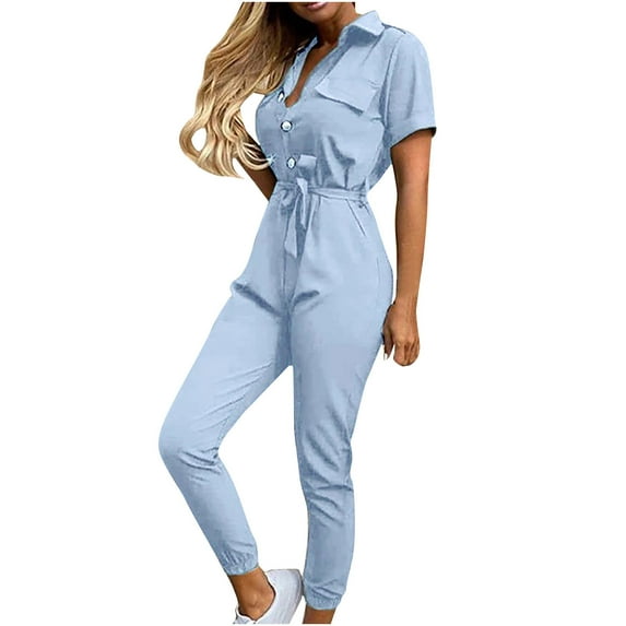 lulshou Jumpsuits for Women, Women Fashion Solid Color Casual Lapel Belt Short Sleeve Overalls Women's Jumpsuits, Rompers & Overalls, Sky Blue XL