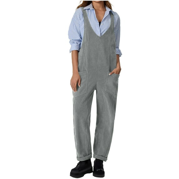 lulshou Jumpsuits for Women, Women'S Winter Solid Color V-Neck Pocket and Fleece Romper Suspenders Women's Jumpsuits, Rompers & Overalls, Gray XL