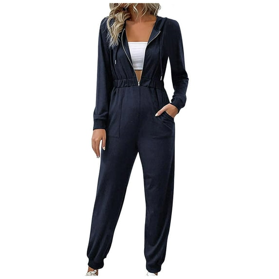 lulshou Jumpsuits for Women, Women's Casual Fashion V-neck Long Sleeve Hooded Zipper Long Jumpsuit Women's Jumpsuits, Rompers & Overalls, Navy XL