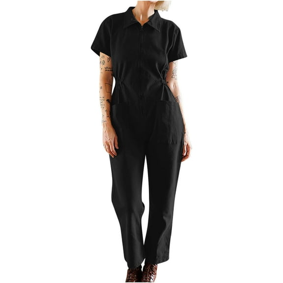 lulshou Jumpsuits for Women, Women's Casual Solid Pleated Waist Zip-Up Lapel Jumpsuit Pants Women's Jumpsuits, Rompers & Overalls, L