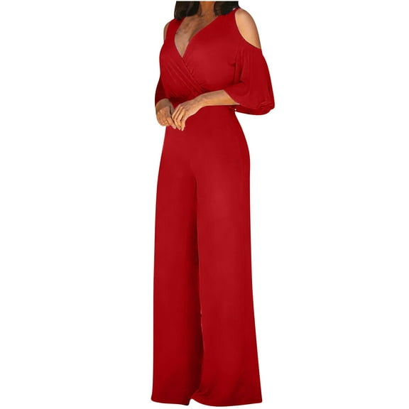 lulshou Jumpsuits for Women, Womens Fashion Wide Leg Pants Solid Short Sleeve V-Neck Jumpsuits Women's Jumpsuits, Rompers & Overalls, Red M