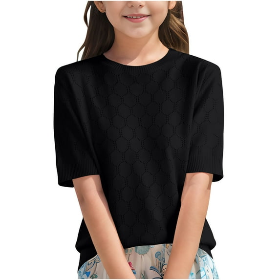 lulshou Kids T-Shirt Foreign Trade Fall New Solid Color High Neck Girls Solid Color Short-Sleeved Crew-Neck Top/Shirt Summer Tops Black