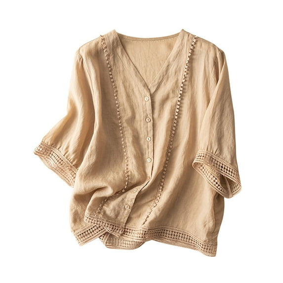 lulshou Ladies Fashion Color Crochet Flower Half Sleeve Cotton Linen Casual Loose Shirt 1/2 Sleeve Tops for Women L