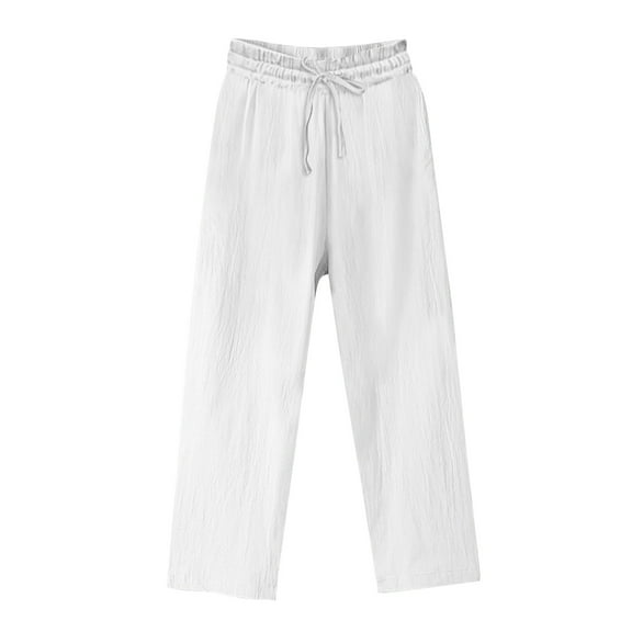 lulshou Linen Pants Women Casual Cotton Linen Straight Leg Pants Full-Length Solid Color with Drawstring & Elastic Waist, Versatile for Spring & Fall Daily Outfits, White, L