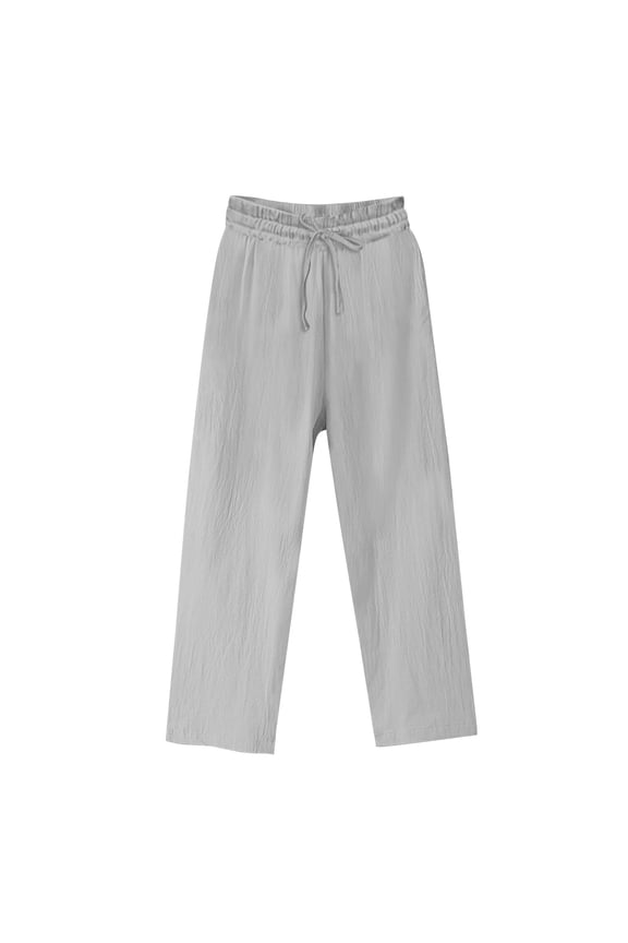 Linen Pants Women Casual Cotton Linen Straight Leg Pants Full-Length Solid Color with Drawstring & Elastic Waist, Versatile for Spring & Fall Daily Outfits, Gray, XXL