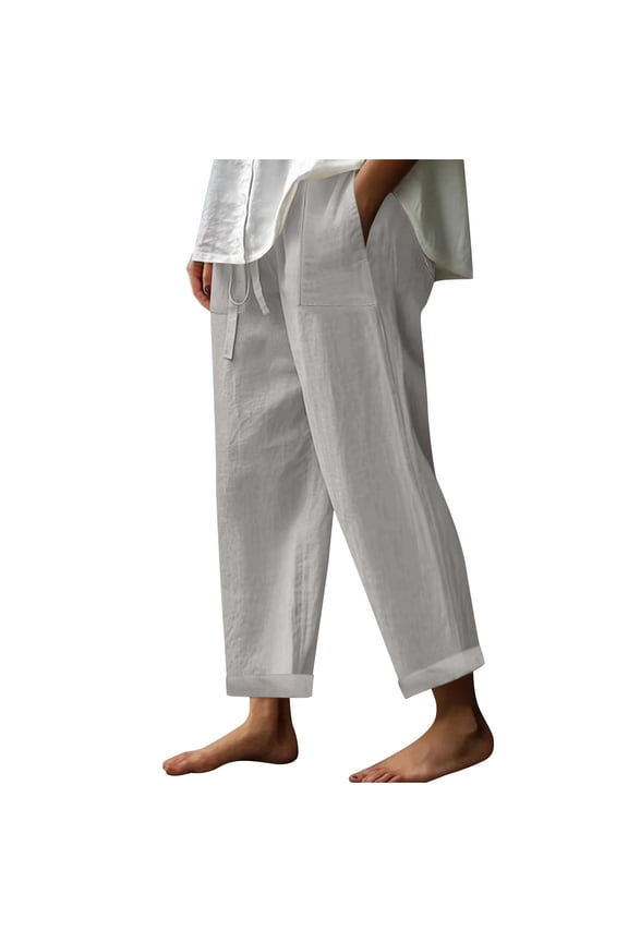 Linen Pants Women Casual Cotton Linen Straight Leg Pants Full-Length Solid Color with Drawstring & Elastic Waist, Versatile for Spring & Fall Daily Outfits, Gray, S