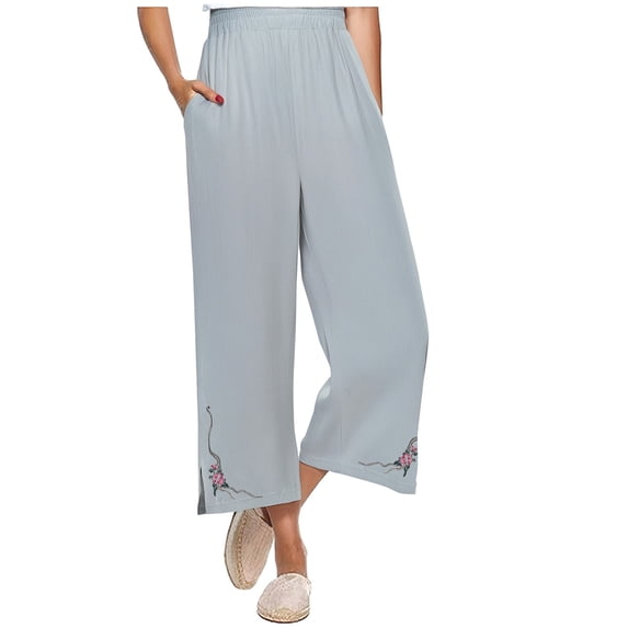 lulshou Linen Pants Women Fashion Casual Cotton Linen Pants - Loose-Fit Cropped with Exquisite Embroidery, Ideal for Daily Wear & Casual Occasions, Gray, M