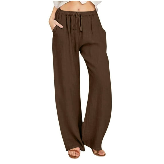 lulshou Linen Pants Women, Women Casual Cotton Linen Drawstring Elastic Waist Long Wide Leg Pants Work Pants