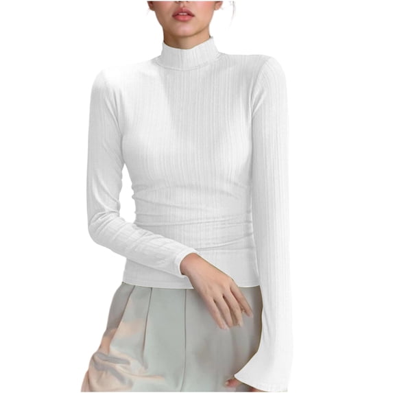 lulshou Long Sleeve Shirts for Women Mock Neck Solid Color Fitted Slim Fit Layering Top Soft Stretch Basic Tee for Fall Winter Essential Wardrobe, White, M