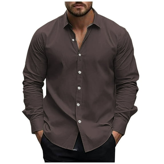 lulshou Long Sleeve Shirts for Men Solid Color Casual Button-Down Collar Top for Business Casual, Office and Everyday Wear, Coffee, XXL