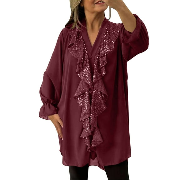 lulshou Long Sleeve Shirts for Women Casual Solid Color V-Neck Pullover Top with Button Detail, Wine, XXL