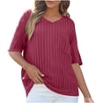 thumbnail image 1 of lulshou Long Sleeve Shirts for Women Casual Solid Color V-Neck T-Shirt with Pocket 3/4 Sleeve Soft Comfortable Top, Wine, XL, 1 of 7
