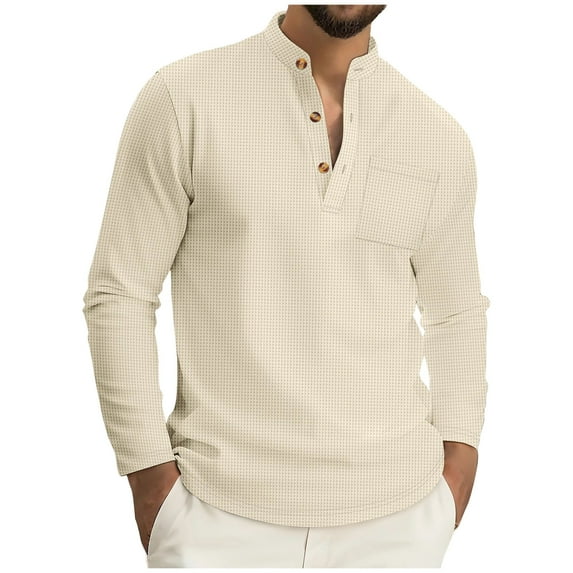 lulshou Men's Casual Fashion Solid Color Shirt/Top Stand Collar Button-Down Soft Comfortable Top, Khaki, L