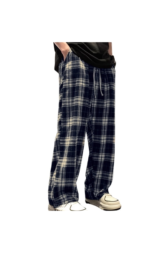 Men's Pants Casual Plaid Pants with Drawstring Elastic Waist & Pockets Comfortable Checkered Home Pants, Navy, S