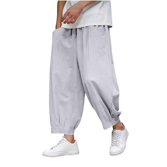 lulshou Men's Pants Casual Solid Color Cuffed Ankle Pants Elastic Waist with Drawstring & Pockets for Daily Wear & Outdoor, Gray, S