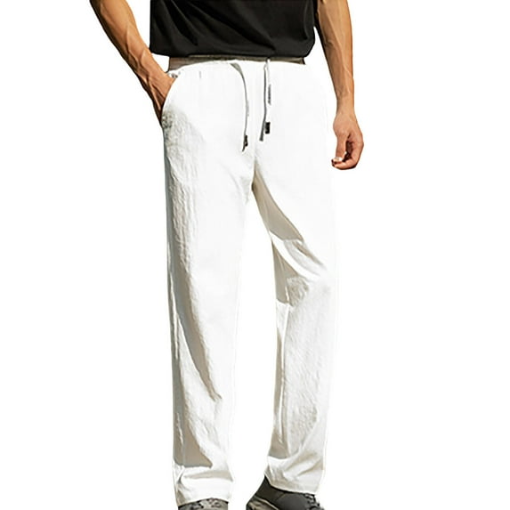 lulshou Men's Pants Solid Color Straight Leg Pants Casual Trousers with Elastic Waistband for Comfortable Daily Wear & Office, White, XXXXL