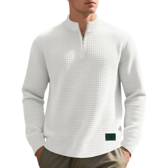lulshou Men's Small Plaid Sweatshirt Long Sleeve Quarter Zip Shirt with Stand Collar Soft Casual Top, White, M