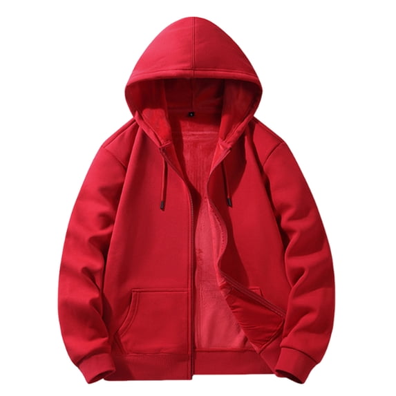 lulshou Men's Solid Color Zip Up Fleece Hoodie Cozy Plush Lined Winter Pullover with Front Pockets for Streetwear, Red, L