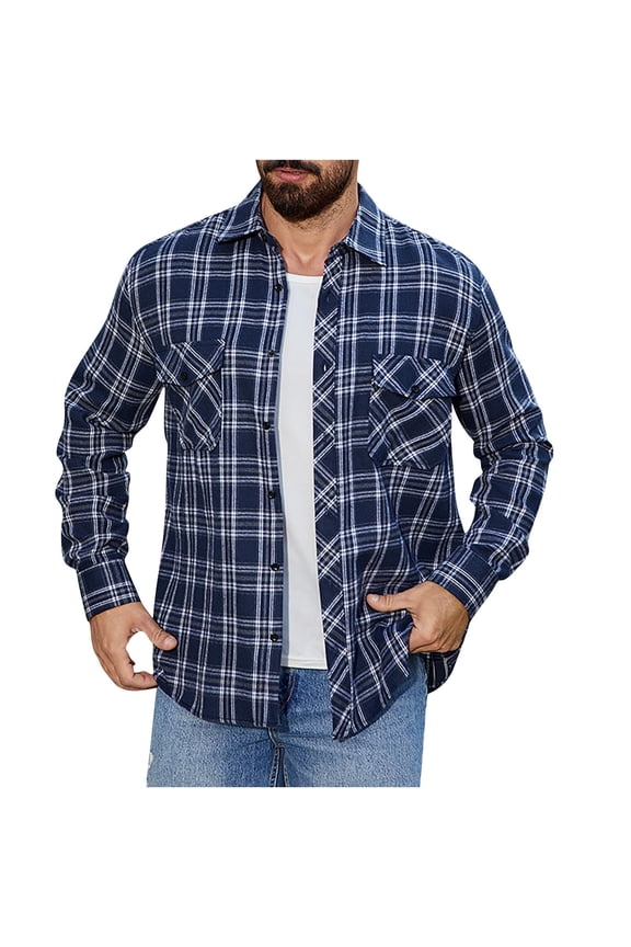 Men's Vintage Plaid Shirt Long Sleeve Button Down Shirt with Chest Pocket for Casual Work Outdoor Wear, Navy, M