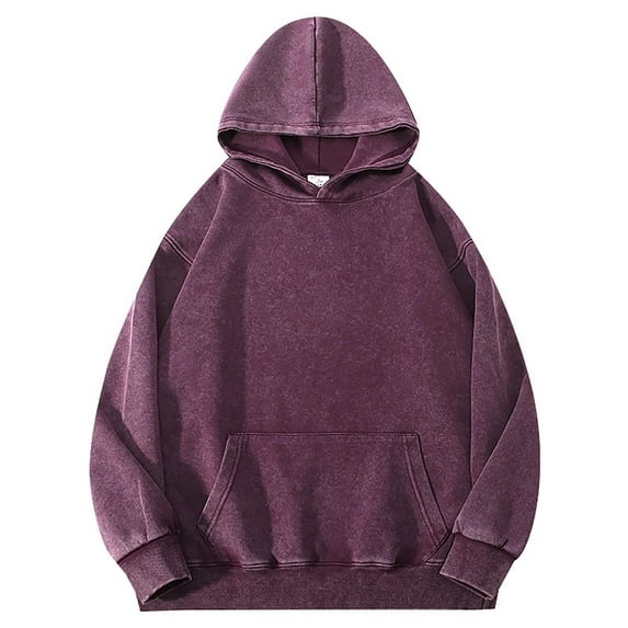lulshou Mens Sweatshirt Heavyweight Washed Pullover Hoodie Solid Color Drop Shoulder Distressed Casual Sweatshirt, Purple, XL