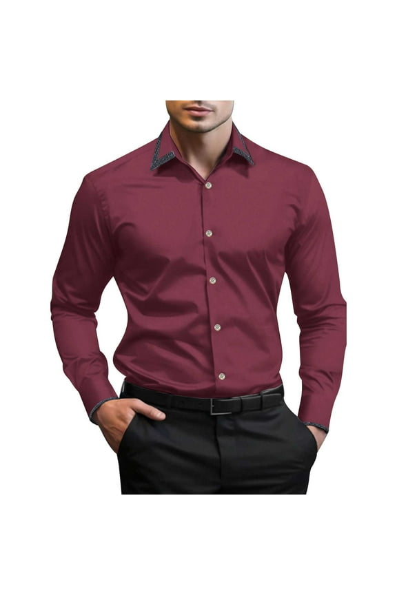Mens T-Shirts Casual Fashion Solid Color Button-Down Shirt/Top Long Sleeve Button Down Collar Top, Wine, XL
