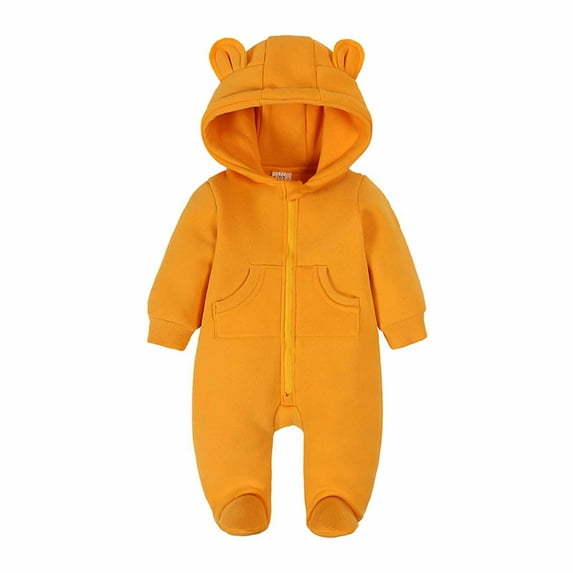 lulshou Newborn Baby Jumpsuit Fall and Winter Hooded Romper Baby Boys Girls Thickened Romper Ear Styling Solid Color Dopamine Color Zipper Jumpsuit Outwear (9-12 Months)