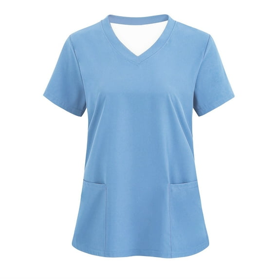 lulshou Scrub Tops for Women Solid Color V-neck Short Sleeve Top with Pockets Summer Working Shirts Soft Working Uniforms
