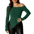 thumbnail image 1 of lulshou Shirts for Women Off-Shoulder Slim Fit T-Shirt Long Sleeve Slant Neck Asymmetric Hem Pullover for Daily Wear, Dates, Green, M, 1 of 7